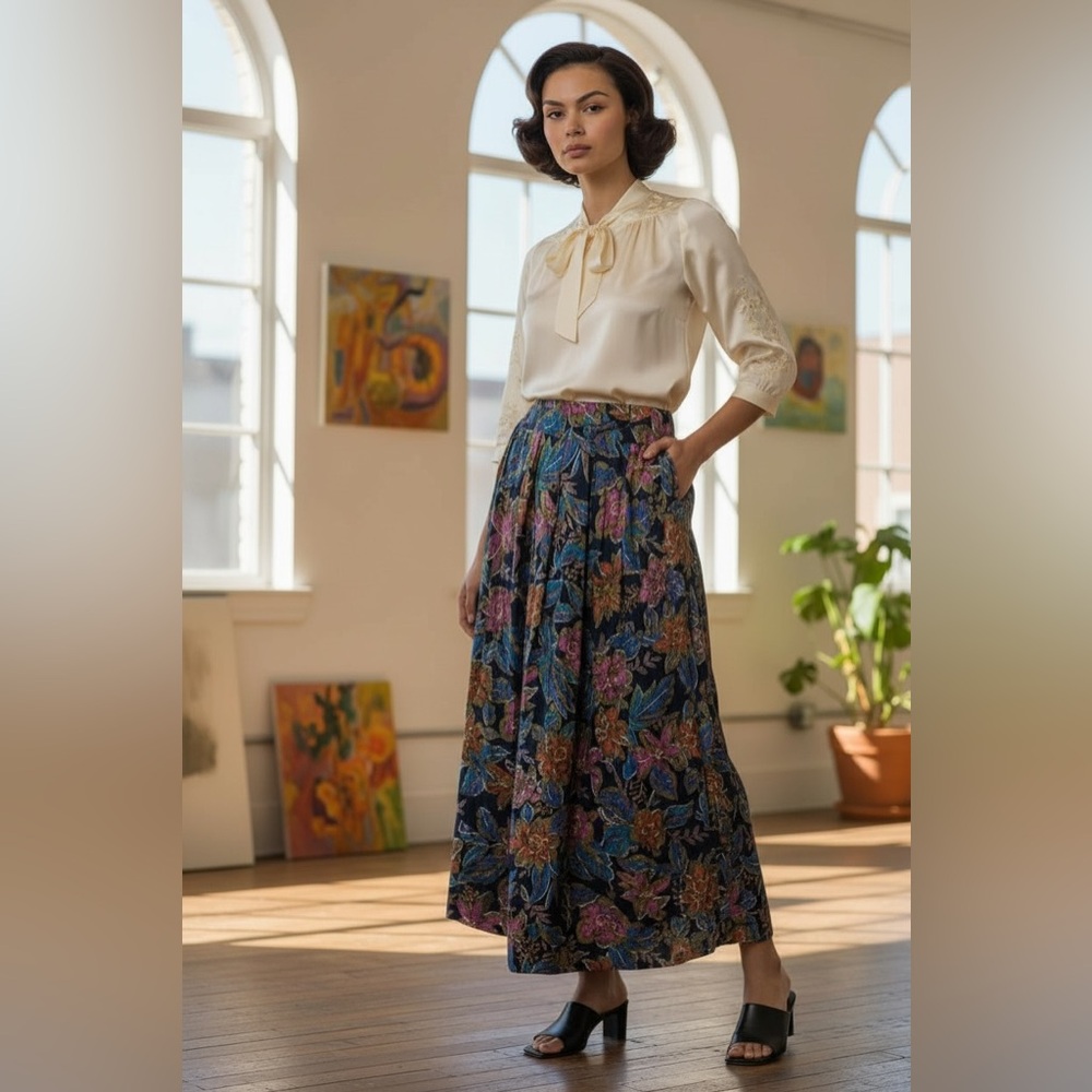 Vintage Norton McNaughton Leafy Floral Maxi Elastic Waist Skirt Sz 14